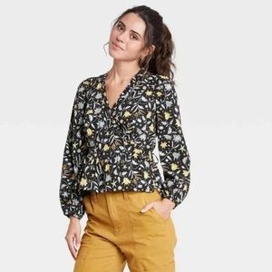 Universal Thread Top Black Floral Print Balloon Long Sleeve Wrap